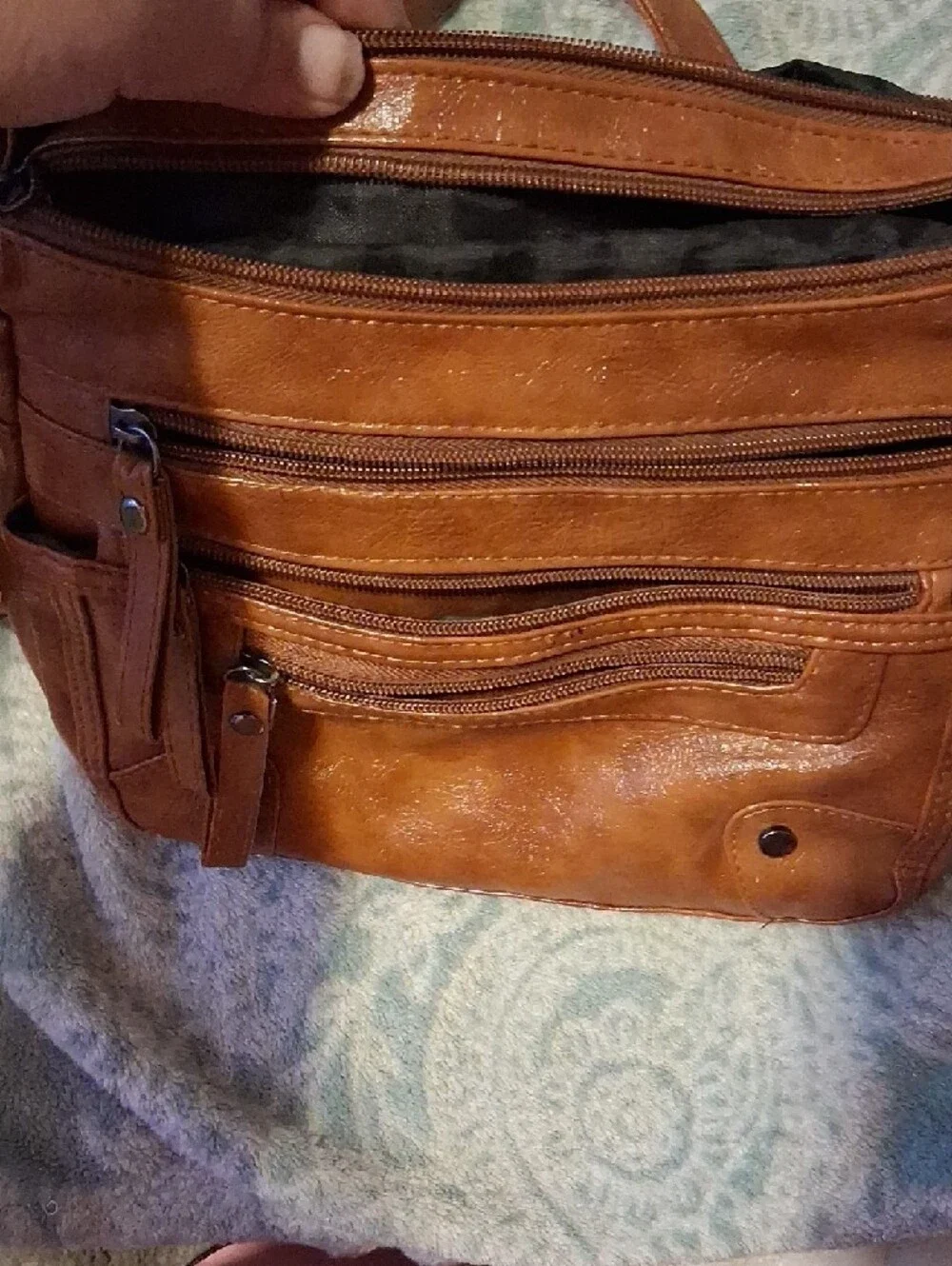 Classic Tan Leather-Look Crossbody with Multiple Front Zips - Picture 3 of 4